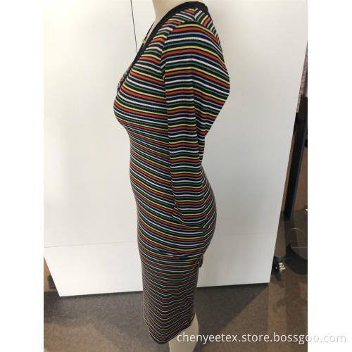 V-neck striped long knit dress